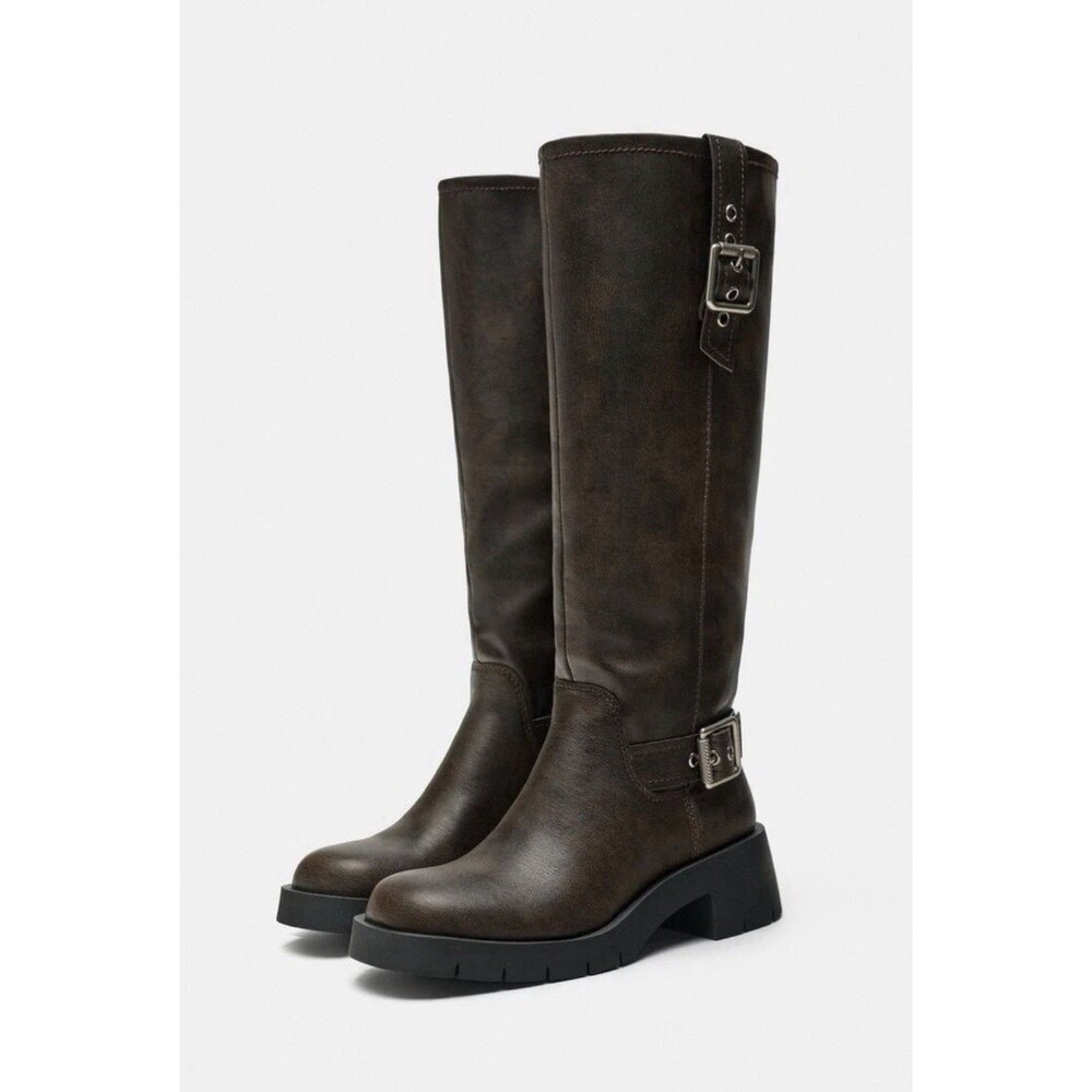 Zara Brown Leather Knee High Riding Boots With Buckle Women Size US 11 EU 42